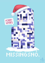 Rule 34 | absurdres, blue background, character name, christmas, collaboration, commentary, creature, creatures (company), english text, full body, game freak, hat, highres, merry christmas, missingno., nintendo, no humans, pokemon, pokemon (creature), pun, ry-spirit, santa hat, signature, simple background, solo, tommygk