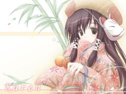 Rule 34 | 1girl, bamboo, brown eyes, brown hair, character name, covering own mouth, floral print, fox mask, hair between eyes, hair tubes, hand to own mouth, hat, holding, japanese clothes, long sleeves, mask, plant, sakura musubi, sash, sera karen, simple background, solo, upper body, wide sleeves, yellow background