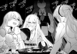 Rule 34 | 4girls, absurdres, anger vein, apron, ascot, blush, choker, closed eyes, coat, commentary request, covering own mouth, cross, drink, drunk, eyes visible through hair, false smile, food, fork, fur-trimmed coat, fur trim, girls&#039; frontline, gloves, greyscale, hair between eyes, hair bun, hair ribbon, hand over own mouth, hat, highres, holding, holding fork, iron cross, kar98k (girls&#039; frontline), lee-enfield (girls&#039; frontline), long hair, long sleeves, military, military uniform, mod3 (girls&#039; frontline), monochrome, mosin-nagant (girls&#039; frontline), mosin-nagant (mod3) (girls&#039; frontline), multiple girls, mush, necktie, one eye closed, open mouth, pitcher (container), ribbon, shaded face, sidelocks, single hair bun, smile, sound effects, springfield (girls&#039; frontline), sweatdrop, tearing up, teeth, tongue, uniform, unworn hat, unworn headwear, upper teeth only, wing collar