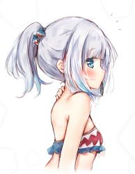 Rule 34 | 1girl, adapted costume, arm at side, bandeau, bare arms, bare shoulders, bikini, blue bikini, blue eyes, blue hair, blush, closed mouth, commentary request, from side, gawr gura, grey background, hair ornament, hair tie, hair tie in mouth, hand on own neck, hand up, highres, hololive, hololive english, looking at viewer, medium hair, mouth hold, multicolored hair, ponytail, profile, seboneko, simple background, solo, strapless, strapless bikini, streaked hair, swimsuit, tube top, virtual youtuber, white background