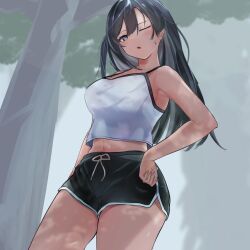 Rule 34 | 1girl, black hair, black shorts, blush, breasts, commentary request, dolphin shorts, grey eyes, hand on own hip, highres, large breasts, long hair, looking at viewer, loungewear, love live!, love live! nijigasaki high school idol club, mated, midriff, navel, one eye closed, open mouth, partial commentary, shirt, shorts, sidelocks, solo, tank top, tree, white tank top, yuki setsuna (love live!)