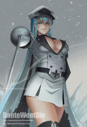 Rule 34 | 10s, 1girl, akame ga kill!, blue eyes, blue hair, boots, breasts, cleavage, dantewontdie, deviantart username, esdeath, hat, holding, holding sword, holding weapon, large breasts, long hair, looking at viewer, matching hair/eyes, military, military uniform, patreon username, peaked cap, rapier, smile, snowing, solo, sword, thigh boots, thighhighs, uniform, very long hair, watermark, weapon, web address