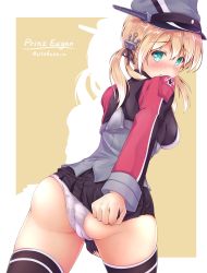 Rule 34 | 10s, 1girl, anchor hair ornament, aqua eyes, ass, black skirt, black thighhighs, blonde hair, blush, border, breasts, brown background, cameltoe, character name, cleft of venus, clenched hand, cross, female focus, from behind, hair ornament, hat, highres, iron cross, kantai collection, long sleeves, looking at viewer, looking back, looking to the side, medium breasts, microskirt, military, military uniform, panties, peaked cap, pleated skirt, prinz eugen (kancolle), simple background, skirt, skirt tug, solo, thighhighs, trefoil, twintails, twitter username, undersized clothes, underwear, uniform, utahane, white border, white panties