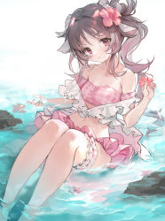 Rule 34 | 1girl, animal ears, arknights, bare legs, bare shoulders, bikini, bikini skirt, blush, breasts, brown hair, cleavage, closed mouth, commentary, english commentary, ergouzi echo, eyjafjalla (arknights), eyjafjalla (summer flower) (arknights), feet out of frame, flower, hair flower, hair ornament, hibiscus, highres, holding, holding flower, horns, legs together, long hair, looking at viewer, medium breasts, midriff, mixed-language commentary, navel, off-shoulder bikini, off shoulder, official alternate costume, partially submerged, pink bikini, pink eyes, pink flower, plaid, plaid bikini, ponytail, sheep ears, sheep girl, sheep horns, simple background, sitting, solo, swimsuit, symbol-only commentary, thigh strap, thighs, water, wavy hair, white background