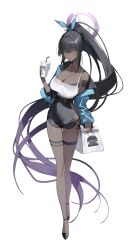 Rule 34 | absurdres, asuna (blue archive), black bra, black footwear, black hair, black skirt, blue archive, blue eyes, blue halo, blue shorts, blush, bra, breasts, camisole, cleavage, closed mouth, dark-skinned female, dark skin, denim, denim shorts, drink, drinking straw, fishnet pantyhose, fishnets, g5 (g5 gugu), hair between eyes, hair over one eye, halo, high heels, highres, holding, holding drink, jewelry, karin (blue archive), large breasts, light brown hair, long hair, looking at viewer, pantyhose, pendant, purple halo, see-through, shorts, simple background, skirt, spaghetti strap, underwear, white background, white camisole, yellow eyes