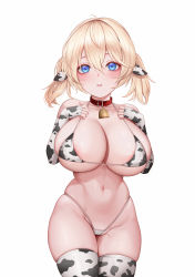 Rule 34 | 1girl, ahoge, animal ears, animal print, bare shoulders, bell, bikini, blonde hair, blue eyes, blush, breast suppress, breasts, cameltoe, collar, collarbone, cow ears, cow print, cow print bikini, cowbell, cowboy shot, deep skin, elbow gloves, ella of the sky, eyebrows hidden by hair, fingerless gloves, gloves, hair between eyes, highleg, highleg bikini, large breasts, last origin, light frown, linea alba, looking at viewer, madan (kkh8936), micro bikini, navel, neck bell, open mouth, oppai loli, parted lips, print bikini, print thighhighs, short twintails, simple background, skindentation, solo, strap gap, string bikini, swimsuit, thighhighs, tsurime, twintails, white background