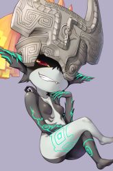 Rule 34 | 1girl, black skin, breasts, collarbone, colored sclera, colored skin, fang, grey skin, grin, hand up, helmet, crossed legs, long hair, looking at viewer, midna, mochi (mochi444420), multicolored skin, neon trim, nintendo, orange hair, pointy ears, red eyes, small breasts, smile, solo, teeth, the legend of zelda, the legend of zelda: twilight princess, two-tone skin, yellow sclera