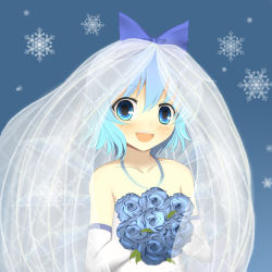 Rule 34 | 1girl, bare shoulders, blue eyes, blue hair, blue theme, blush, bouquet, bow, bridal veil, bride, bunchou (bunchou3103), cirno, dress, elbow gloves, flower, gloves, hair bow, jewelry, matching hair/eyes, necklace, open mouth, short hair, smile, snowflakes, solo, touhou, veil, wedding dress, wings