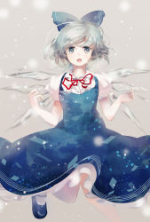 Rule 34 | 1girl, blue dress, blue eyes, blue hair, blush, bow, cirno, dress, hair bow, highres, ice, ice wings, jq, looking at viewer, matching hair/eyes, open mouth, puffy sleeves, shirt, short sleeves, smile, solo, touhou, wings