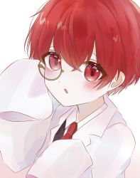 Rule 34 | 1boy, aho no sakata, doctor, hair between eyes, highres, looking at viewer, male focus, monocle, multiple boys, necktie, niconico, open mouth, piinachu, red eyes, red hair, red necktie, shirt, simple background, solo, starmyu, urashimasakatasen, utaite, white background