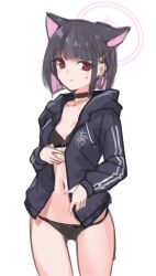 Rule 34 | 1girl, animal ears, black bra, black hair, black jacket, black panties, blue archive, blush, bow, bow bra, bow panties, bra, closed mouth, commentary request, drawstring, hair ornament, hairclip, halo, highres, hood, hood down, hooded jacket, jacket, kazusa (blue archive), long sleeves, looking at viewer, multicolored hair, navel, open clothes, open jacket, panties, pink hair, red eyes, rumiya9i, simple background, solo, standing, sweat, two-tone hair, underwear, white background