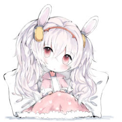 Rule 34 | 1girl, animal ears, animal print, azur lane, bad id, bad pixiv id, camisole, cottontailtokki, fur trim, hair between eyes, hair ornament, hairband, head tilt, highres, jacket, laffey (azur lane), long hair, long sleeves, looking at viewer, open clothes, open jacket, pillow, pink jacket, rabbit ears, rabbit print, red eyes, red hairband, silver hair, solo, twintails, under covers, very long hair, white background, white camisole
