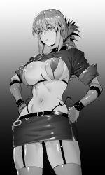 Rule 34 | 1girl, absurdres, belt, breasts, cleavage, covered erect nipples, double bikini, fate/grand order, fate (series), florence nightingale (fate), folded ponytail, garter straps, gloves, gradient background, greyscale, hands on own hips, highres, hxd, large breasts, long hair, looking at viewer, monochrome, narrow waist, navel, official alternate costume, pencil skirt, shrug (clothing), skirt, solo, thighhighs