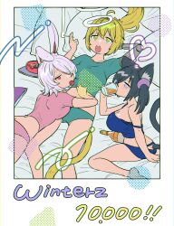 Rule 34 | 3girls, ahoge, alcohol, animal ears, arm behind head, ashtray, barefoot, between fingers, black hair, blonde hair, blue camisole, blue panties, border, breasts, camisole, candy, cat ears, cat girl, cat tail, cigarette, cleavage, commentary request, crop top, cropped shirt, drinking, food, green eyes, green panties, green shirt, group name, hair over one eye, highres, holding, holding candy, holding cigarette, holding food, holding lollipop, keenu (winterz.), large breasts, lollipop, looking at viewer, looking back, looking to the side, looking up, lying, mechanical arms, milestone celebration, multiple girls, ohitori (o hitori sama 1), omochi (winterz.), on back, on bed, on stomach, one eye covered, open mouth, panties, pink hair, pink shirt, ponytail, purple eyes, rabbit ears, rabbit girl, red eyes, shirt, short hair, side ponytail, single mechanical arm, sitting, smoke ring, smoking, strap slip, t-shirt, tail, toshiya (winterz.), tumbler glass, underwear, virtual youtuber, wariza, whiskey, white border, winterz.