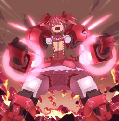 Rule 34 | 1girl, angry, bad id, bad pixiv id, bloomers, bow, bubble skirt, choker, d:, d:&lt;, dress, fighting stance, fusion, gundam, gundam age, gundam age-1, gundam age-1 titus, hair bow, kaname madoka, magical girl, mahou shoujo madoka magica, mahou shoujo madoka magica (anime), mecha musume, mechanical arms, mechanical legs, open mouth, parody, pink hair, red eyes, short hair, short twintails, single mechanical arm, skirt, solo, standing, tt (poposujp), twintails, underwear, v-shaped eyebrows