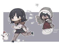 Rule 34 | 1girl, anger vein, black eyes, black hair, black shirt, blue footwear, brown pants, brown scarf, chasing, chibi, chinese commentary, coat, commentary request, fur trim, grey background, grey jacket, hood, hood up, hooded jacket, inuko (ink0425), jacket, long sleeves, medium hair, motion lines, multiple views, no mouth, open clothes, open jacket, open mouth, original, outline, pants, running, scarf, shaded face, shirt, shoes, sneakers, snowball, snowman, sweatdrop, throwing, white jacket, white outline, winter clothes