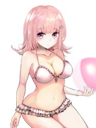 Rule 34 | 1girl, ball, bare arms, bare shoulders, blush, breasts, brown hair, cleavage, closed mouth, collarbone, commission, danganronpa (series), danganronpa 2: goodbye despair, galaga, hair ornament, holding, holding ball, looking at viewer, medium hair, nanami chiaki, navel, official alternate costume, pink eyes, pixiv commission, shiny skin, solo, stomach, yu yu (metishina)