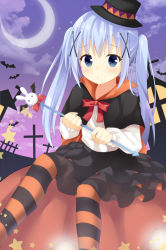 Rule 34 | 1girl, :o, alternate hairstyle, bat (animal), black cape, black hat, black skirt, blue eyes, blush, bow, cape, cloud, commentary request, flat chest, gochuumon wa usagi desu ka?, hair ornament, hairclip, halloween, halloween costume, hat, highres, holding, holding wand, kafuu chino, layered skirt, long hair, long sleeves, looking at viewer, maccha, mini hat, moon, pantyhose, parted lips, pumpkin, purple sky, red bow, shirt, sidelocks, sitting, skirt, sky, solo, star (symbol), striped clothes, striped pantyhose, twintails, wand, white shirt, x hair ornament