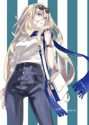 Rule 34 | 1girl, bag, blonde hair, blue eyes, blue scarf, breasts, closed mouth, contemporary, denim, artistic error, eyewear on head, from below, hair between eyes, high-waist pants, jewelry, jpeg artifacts, kantai collection, long hair, looking at viewer, medium breasts, nail polish, necklace, pants, richelieu (kancolle), ring, scarf, shoulder bag, simple background, solo, striped, striped background, sugue tettou, twitter username, vertical stripes, watch, wristwatch