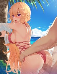 Rule 34 | 1boy, 1girl, :o, arm support, ass, azur lane, bare back, bare shoulders, beach, beach chair, beach umbrella, blonde hair, blue sky, blush, breasts, bush, censored, clothing aside, cloud, commentary request, day, hair between eyes, hair over shoulder, hajika, halterneck, hand around wrist, head out of frame, hetero, highres, innertube, large breasts, leaning forward, long hair, looking back, multiple straps, ocean, one-piece swimsuit, open mouth, palm tree, penis, purple eyes, pussy, red one-piece swimsuit, richelieu (azur lane), richelieu (fleuron of the waves) (azur lane), sand, sex, sex from behind, shaking, side-tie swimsuit, sideboob, sky, solo focus, standing, standing sex, sunlight, swim ring, swimsuit, swimsuit aside, tears, teeth, transparent, tree, umbrella, upper teeth only, very long hair, water