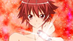 Rule 34 | 1boy, blush, happy, henshin, looking at viewer, male focus, mitsuka souji, nude, ore twintail ni narimasu, red background, red eyes, red hair, red theme, short hair, smile, solo, transformation, yuto (dialique)