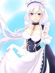 Rule 34 | apron, azur lane, belfast (azur lane), blush, braid, breasts, chain, cleavage, clothes lift, collar, collarbone, corset, dress, elbow gloves, french braid, frilled dress, frills, gloves, large breasts, long hair, maid, maid apron, maid headdress, personification, ponytail, purple eyes, skirt, skirt lift, sleeveless, sleeveless dress, smile, waist apron, white apron, white gloves, white hair