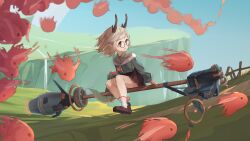 Rule 34 | 1girl, broom, broom riding, brown footwear, commentary request, creature, dragon, dragon girl, dragon horns, dragon tail, eastern dragon, full body, highres, horns, koebushi (mat), light brown hair, loafers, long sleeves, looking afar, mechanical broom, original, outdoors, pointy ears, red eyes, round eyewear, shoes, short hair, tail
