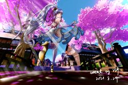 Rule 34 | 1girl, absurdres, artist request, ass, ayaka (genshin impact), bare shoulders, bridal gauntlets, cherry blossoms, clothes lift, dress, from behind, genshin impact, grey eyes, hair ornament, high heels, highres, long hair, looking at viewer, looking back, panties, pantyshot, ponytail, shiny clothes, shiny skin, silver hair, skirt, skirt hold, skirt lift, smile, solo, thighhighs, underwear, very long hair