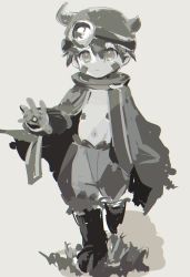 Rule 34 | 1boy, bad id, bad twitter id, boots, cape, closed mouth, facial mark, fake horns, grey background, greyscale, hair between eyes, helmet, highres, horned helmet, horns, looking at viewer, made in abyss, male focus, mechanical arms, monochrome, namiki omu, navel, regu (made in abyss), simple background, solo, standing, walking