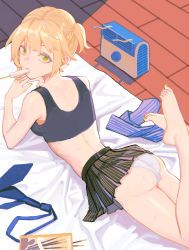 Rule 34 | 1girl, absurdres, ass, bare legs, barefoot, black skirt, black tank top, blonde hair, blue necktie, chinese commentary, chuck (harfmoondark), commentary request, crop top, food, food in mouth, girls&#039; frontline, green eyes, green nails, hand fan, highres, looking at viewer, looking back, lying, miniskirt, nail polish, necktie, on ground, on stomach, outdoors, own hands together, panties, pleated skirt, pocky, popsicle, short hair, skirt, solo, sweat, tank top, toenail polish, toenails, underwear, unworn necktie, unworn neckwear, welrod mkii (girls&#039; frontline), white panties