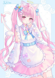 1girl animal_ears bell blue_ribbon cat_ears cat_girl cat_tail commission hair_ornament heart heart-shaped_pupils highres indie_virtual_youtuber maid neck_bell nekone_ramu pastel_colors pink_eyes pink_hair ribbon skeb_commission suineco symbol-shaped_pupils tail twintails virtual_youtuber