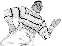 Rule 34 | 1boy, absurdres, alternate species, bb (baalbuddy), belt, bulge, dark-skinned male, dark skin, denim, family matters, glasses, highres, jeans, looking at viewer, male focus, muscular, muscular male, orc, pants, pointy ears, pun, shirt, solo, steve urkel, striped clothes, striped shirt, suspenders, tusks