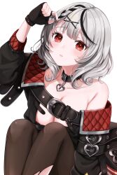 Rule 34 | 1girl, absurdres, arm up, black collar, black gloves, black hair, black jacket, blush, braid, braided bangs, breasts, buntason (buritarooooo), cleavage, closed mouth, collar, commentary request, fingerless gloves, gloves, grey hair, hair ornament, highres, hololive, jacket, knees up, large breasts, long sleeves, looking at viewer, multicolored hair, open clothes, open jacket, pantyhose, red eyes, sakamata chloe, sakamata chloe (1st costume), simple background, solo, streaked hair, torn clothes, torn pantyhose, virtual youtuber, white background, x hair ornament