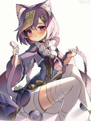 Rule 34 | 1girl, animal ear fluff, animal ears, bandaged leg, bandages, bead necklace, beads, blush, cat ears, cat tail, coin hair ornament, dress, genshin impact, hair between eyes, hair ornament, highres, jewelry, jiangshi, light particles, looking at viewer, necklace, nyaruin, purple dress, purple eyes, purple hair, qiqi (genshin impact), shirt, simple background, tail, thighhighs, white shirt, white thighhighs, wide sleeves