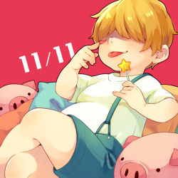 Rule 34 | 1boy, blonde hair, candy, dated, fat, food, hair over eyes, highres, holding, holding candy, holding food, holding lollipop, crossed legs, lollipop, male focus, mother (game), mother 2, nintendo, overalls, pig, pillow, pink background, porky minch, shifumame, shirt, short hair, short sleeves, smile, smug, solo, star (symbol), tongue, tongue out, white shirt