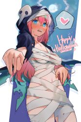 Rule 34 | 1girl, @ @, absurdres, bandaged head, bandages, black hood, blue eyes, blush, bocchi the rock!, breasts, cloud, collarbone, commentary request, embarrassed, full moon, ghost pose, gotoh hitori, hair between eyes, happy halloween, heart, highres, long hair, looking at viewer, medium breasts, moon, naked bandage, navel, night, night sky, open mouth, pink hair, sky, sofa (enogunomu), solo, spoken heart, star (sky), starry sky, stomach, sweat, teeth, thighs, torn clothes, upper teeth only