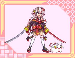 Rule 34 | 1girl, bell, black footwear, black kimono, fang, full body, gradient hair, hair bell, hair ornament, holding, holding sword, holding weapon, hololive, horns, japanese clothes, kimono, kouhaku nawa, long hair, mask, mask on head, multicolored hair, multiple swords, nakiri ayame, nakiri ayame (1st costume), off shoulder, okobo, oni, oni mask, open mouth, pink background, pixel art, red eyes, red hair, rope, sandals, shimenawa, shiranui (nakiri ayame), silver hair, skin-covered horns, skin fang, standing, sword, tassel, thighhighs, tsukimiya toito, virtual youtuber, weapon, white thighhighs