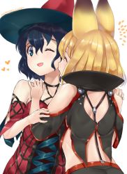 Rule 34 | 10s, 2girls, alternate costume, animal ears, bare shoulders, black hair, blonde hair, blue eyes, detached sleeves, fang, hand on another&#039;s arm, hand on another&#039;s shoulder, heart, kaban (kemono friends), kemono friends, multiple girls, one eye closed, serval (kemono friends), short hair, short sleeves, spaghetti strap, strap, tadano magu, yuri