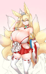 Rule 34 | 1girl, animal ear fluff, animal ears, apron, breasts, cleavage, fox ears, fox girl, fox tail, frilled apron, frills, hakama, hakama short skirt, hakama skirt, hirume of heavenly incense, huge breasts, japanese clothes, killnyan, kitsune, kyuubi, last origin, looking at viewer, magatama, maid headdress, miko, multiple tails, red hakama, ribbon-trimmed legwear, ribbon-trimmed sleeves, ribbon trim, skirt, slit pupils, smile, solo, tail, tail raised, thighhighs, white apron, white thighhighs
