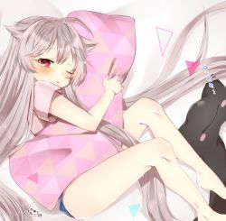Rule 34 | 1girl, abe suke, ahoge, bare legs, barefoot, blush, brown hair, commentary request, hair flaps, highres, long hair, looking at viewer, lying, on side, one eye closed, original, parted lips, pillow, red eyes, short sleeves, sidelocks, signature, solo, tears, very long hair, zzz