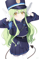 Rule 34 | 1girl, belt, black belt, black hat, black jacket, black skirt, black tail, blue archive, blush, closed mouth, cowboy shot, demon tail, gloves, green hair, hat, hikari (blue archive), highres, jacket, long hair, long sleeves, looking at viewer, pantyhose, peaked cap, pleated skirt, pointy ears, sidelocks, simple background, skirt, solo, tail, white background, white gloves, white pantyhose, yellow eyes, yoshiki 3821
