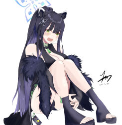 Rule 34 | 1girl, absurdres, animal ears, black dress, black hair, blue archive, blush, china dress, chinese clothes, dress, green eyes, halo, highres, kasukabe fafnir, long hair, shun (blue archive), sitting, solo, white background