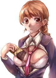Rule 34 | 1girl, bad id, bad pixiv id, bra, breasts, brown hair, candy, chocolate, chocolate bar, cleavage, food, large breasts, lingerie, necktie, open clothes, open shirt, ponytail, school uniform, shirt, solo, suoni (deeperocean), underwear
