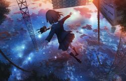 Rule 34 | 2girls, black socks, blazer, blue jacket, blue skirt, bow, bowtie, brown hair, building, cloud, commentary request, falling, floating hair, flying, galaxy, highres, jacket, kenzo 093, kneehighs, long hair, long sleeves, looking at another, milky way, multiple girls, orange bow, orange bowtie, original, outdoors, outstretched arms, pleated skirt, reaching, scenery, school uniform, short hair, skirt, sky, socks, star (sky), star (symbol), starry sky, sunset, transmission tower, tree, twintails, upside-down, utility pole