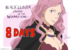 Rule 34 | 1girl, artist request, black capelet, black clover, black clover: sword of the wizard king, breasts, capelet, choker, cleavage, copright:black clover: sword of the wizard king, copyright name, countdown, earrings, english text, highres, jewelry, large breasts, long hair, looking at another, looking to the side, official art, official style, pink hair, purple eyes, short hair, smile, solo, upper body, vanessa enoteca
