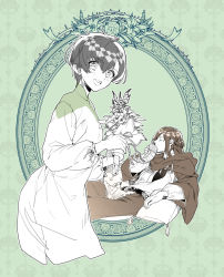 Rule 34 | 1boy, 1girl, :d, belt, black hair, braid, brown hair, brown pants, couch, dress, earrings, closed eyes, flower, green background, haitaka no psychedelica, hexagonics, holding, holding flower, jed (haiaka no psychedelica), jewelry, long sleeves, looking at viewer, on couch, open mouth, pants, pillow, short hair, smile, tou no nushi, white dress