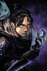 Rule 34 | 1girl, apex legends, black hair, closed mouth, gloves, glowing, glowing eyes, hair bun, hand up, holding, holding weapon, hope&#039;s dusk (apex legends), hungry clicker, kunai, looking at viewer, male focus, parted bangs, purple background, reverse grip, robe, single hair bun, solo, trail, upper body, weapon, white gloves, wraith (apex legends)