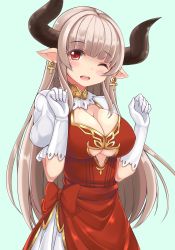 Rule 34 | 10s, 1girl, ;d, absurdres, alicia (granblue fantasy), blunt bangs, blush, breasts, choker, cleavage, clothing cutout, cowboy shot, draph, dress, earrings, eyebrows, gloves, granblue fantasy, green background, head tilt, highres, horns, jewelry, large breasts, long hair, one eye closed, open mouth, pointy ears, puffy short sleeves, puffy sleeves, red dress, revision, short sleeves, side slit, sidelocks, simple background, smile, sogaya, solo, standing, tareme, underboob, underboob cutout, venus symbol, very long hair, white gloves
