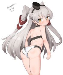 Rule 34 | 1girl, absurdres, amatsukaze (kancolle), ass, bikini, brown eyes, dated, frilled bikini, frills, from behind, grey hair, hair tubes, hat, highres, kantai collection, looking at viewer, looking back, maru (marg0613), mini hat, official alternate costume, smokestack hair ornament, solo, standing, swimsuit, twitter username, two-tone bikini, two side up
