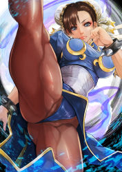Rule 34 | bracelet, breasts, bun cover, cameltoe, capcom, china dress, chinese clothes, chun-li, double bun, dress, eyeshadow, high kick, highres, jewelry, kicking, large breasts, legs up, lips, makeup, maru-pen, pantyhose, solo, spiked bracelet, spikes, street fighter, thick thighs, thighs
